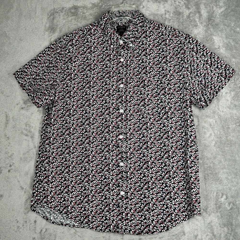 J.Crew Floral Shirt Mens Large Navy Slim Flex Washed Short‎ Sleeve Button Down